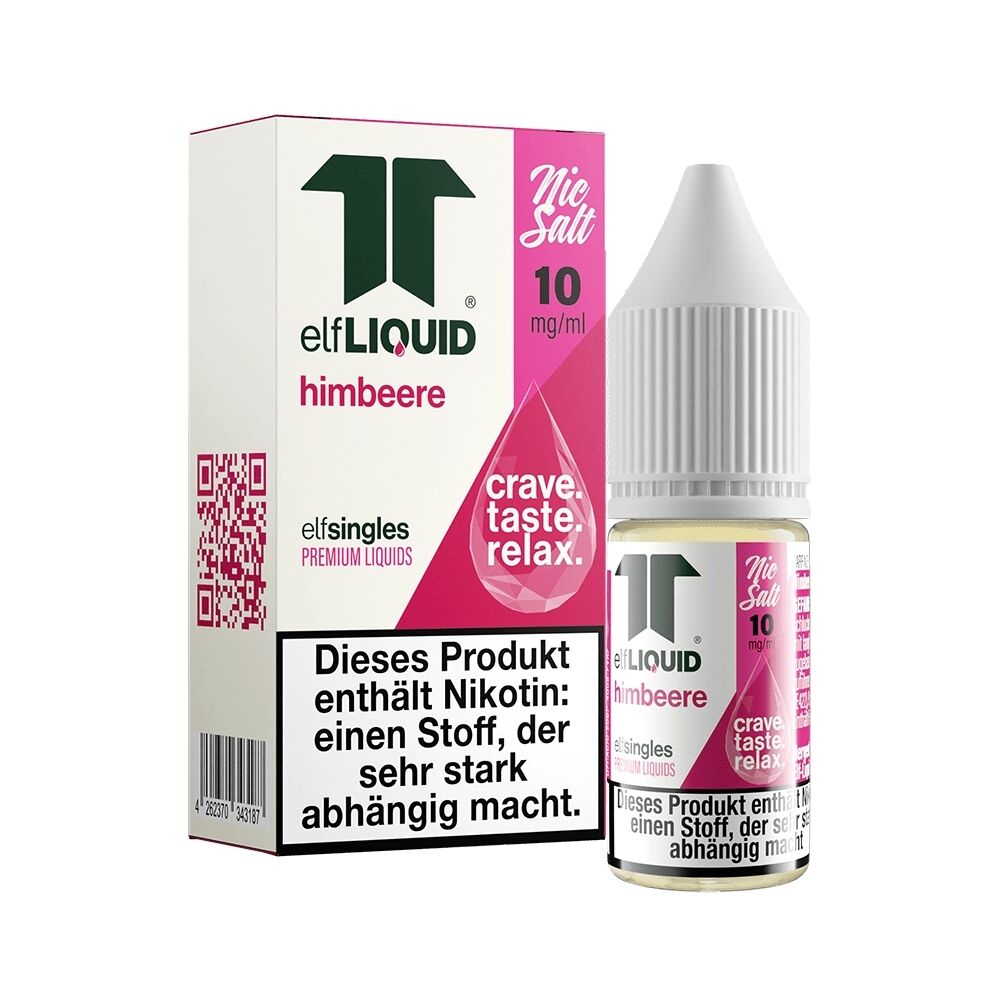 Elf Liquid Nikotinsalz - Himbeere 10mg Elf Liquid Nikotinsalz Himbeere 10mg Verpackung und Flasche, pink-weißes Design, mit Text „crave. taste. relax.“ und Nikotinwarnung.