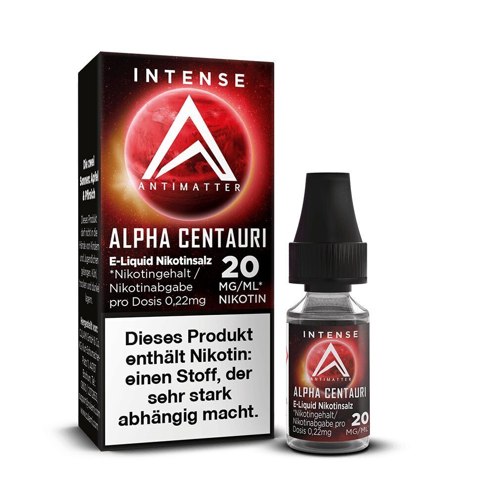 Antimatter Intense Alpha Centauri Nikotinsalzflasche und Verpackung mit rotem Logo, 20mg Nikotingehalt, Warnhinweis auf der Box.
