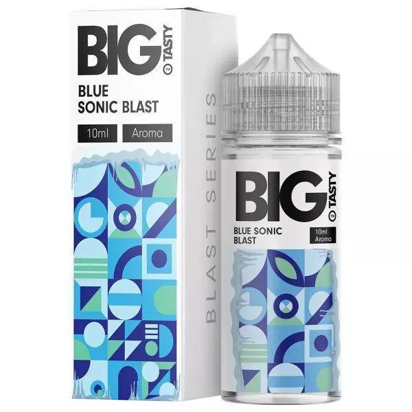 Aroma Blue Sonic Blast von Big Tasty Verpackung und Flasche des Aromas Big Tasty Blue Sonic Blast mit geometrischem Muster, klare Verschlusskappe, Text "10ml Aroma" sichtbar