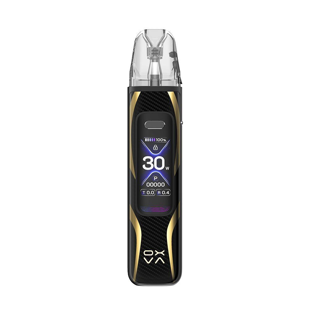 Oxva Xlim Pro 3 Pod Kit - Pro Carbon Oxva Xlim Pro 3 Pod Kit in Schwarz mit goldenen Akzenten, Display zeigt 30 W Leistung, oberer Teil transparent, Branding „OXVA“ sichtbar