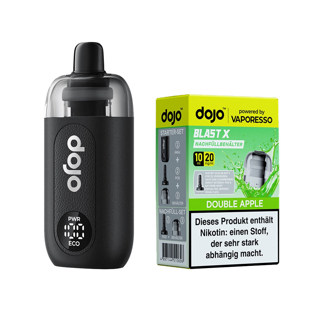 Vaporesso Dojo Blast X Set - Double Apple 20mg Vaporesso Dojo Blast X Set mit Double Apple, schwarzes Gerät neben grüner Verpackung mit Nikotinwarnhinweis und Produkttexten.