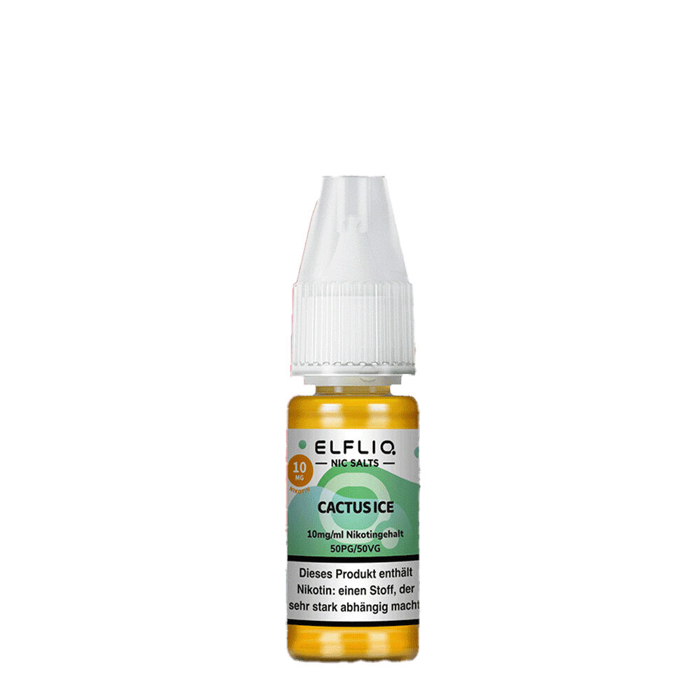 ELQ135 Elfliq Cactus Ice Nikotinsalzflasche mit weißem Verschluss, gelber Flüssigkeit, Etikett mit Produktinformationen und Warnhinweis.