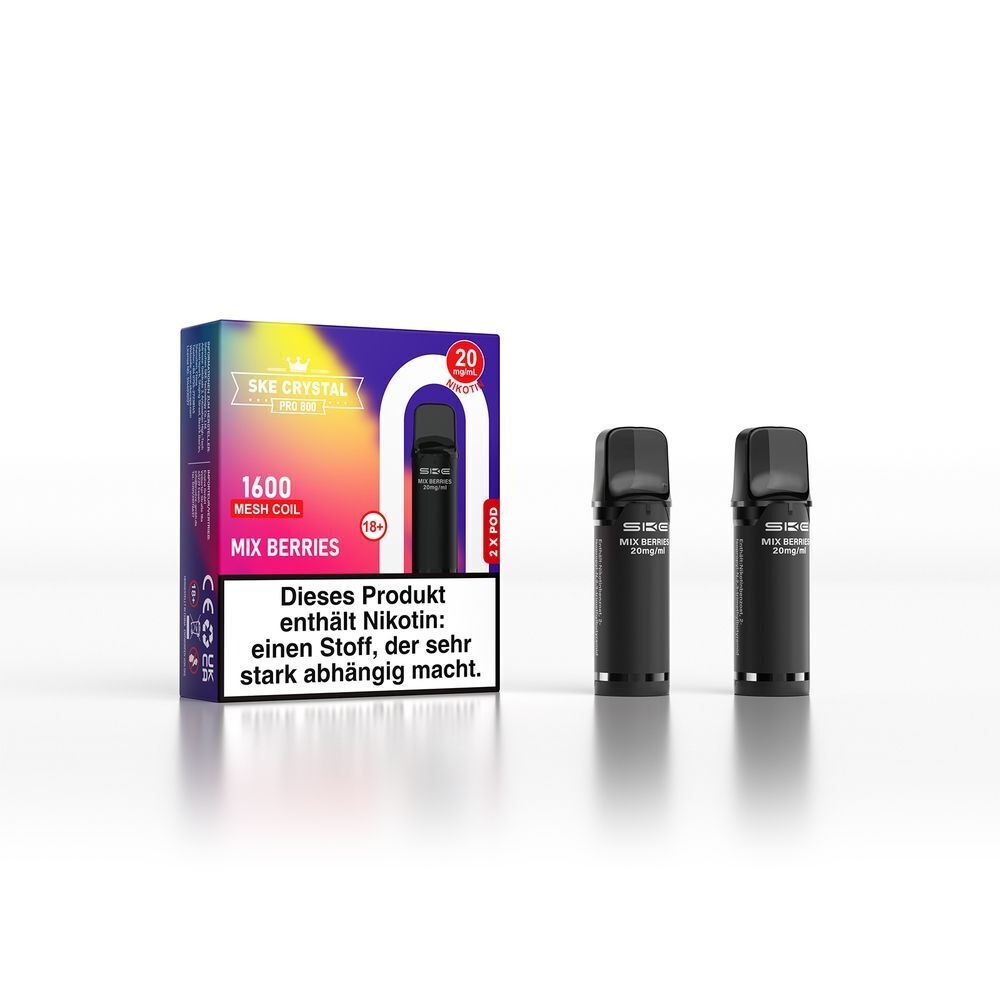 SKE Crystal 800 Pro Pods - Mix Berries Zwei schwarze SKE Crystal Pro Pods mit 20mg Mix Berries Aroma, Verpackung zeigt Warnhinweis und bunte Details, 1600 Mesh Coil.