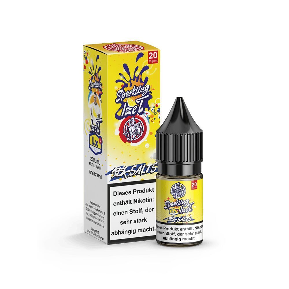 187 Strassenbande Liquid - Sparkling Ize T 20mg E-Flüssigkeit Flasche und gelbe Verpackung des Produkts 187 Strassenbande Liquid Sparkling Ize T 20mg ExSALT mit Nikotin-Warnung