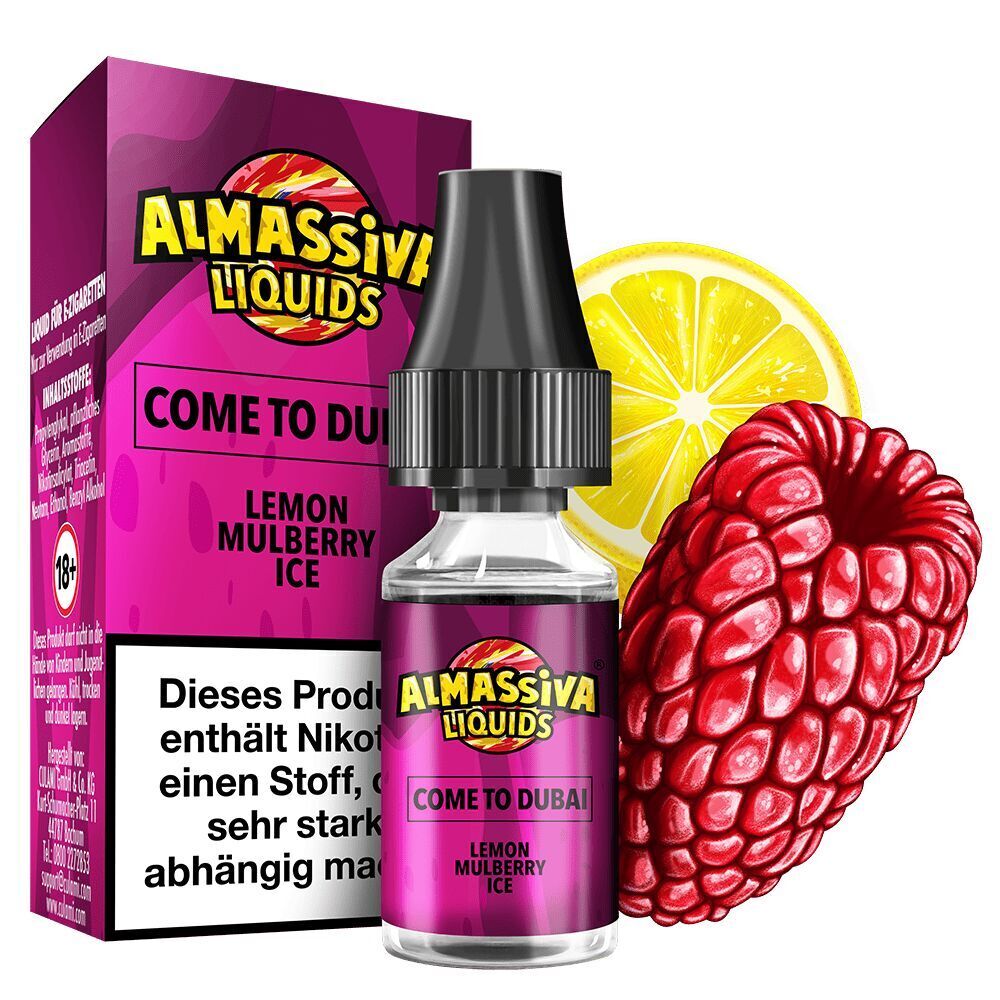 Liquid Come to Dubai von Al Massiva E-liquid Al Massiva Liquids "Come to Dubai" in pink, mit Zitrone und Himbeere im Hintergrund, Text "Lemon Mulberry Ice".