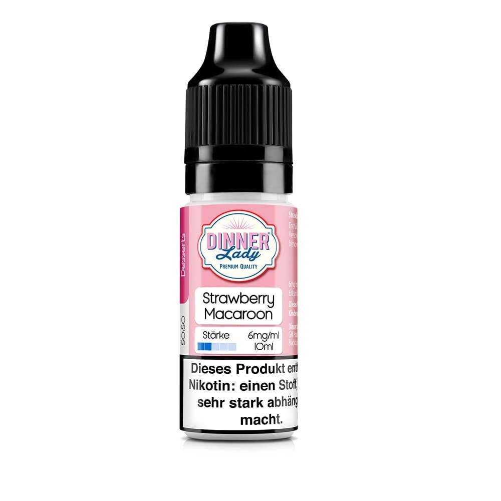 E-Liquid-Flasche mit schwarzem Verschluss, rosa Label mit "Dinner Lady", Geschmacksrichtung Strawberry Macaroon, Nikotinwarnung sichtbar.