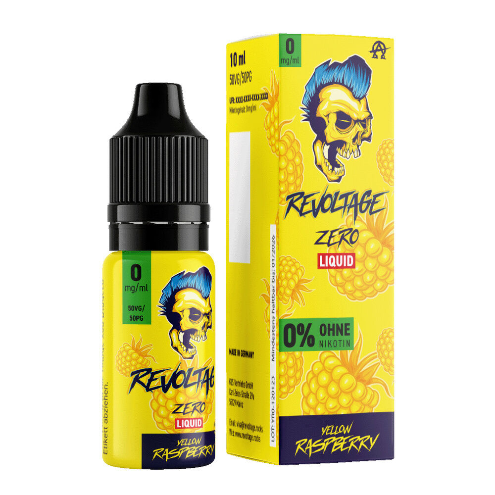 Revoltage Hybrid Liquid - Yellow Raspberry Revoltage Liquid Yellow Raspberry 0mg Verpackung mit Totenkopf-Design und Himbeeren, 0% Nikotin, 10 ml Flasche, 50VG/50PG