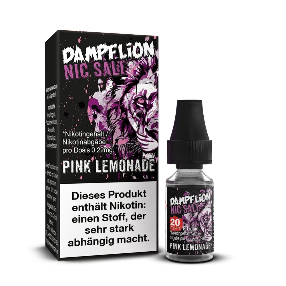 Liquid Pink Lemonade mit 20mg Nikotin von Dampflion Intense Dampflion Intense Nikotinsalz Pink Lemonade 20mg E-Liquid zeigt einen stilisierten Löwenkopf auf schwarzer Verpackung mit Warnhinweis.