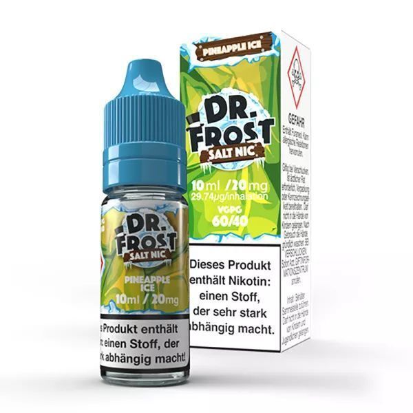Liquid Pineapple Ice mit 20mg Nikotin von Dr. Frost E-Liquid Dr. Frost Pineapple Ice 20mg Flasche mit blauem Verschluss, Verpackung mit Warnhinweisen und Marke sichtbar