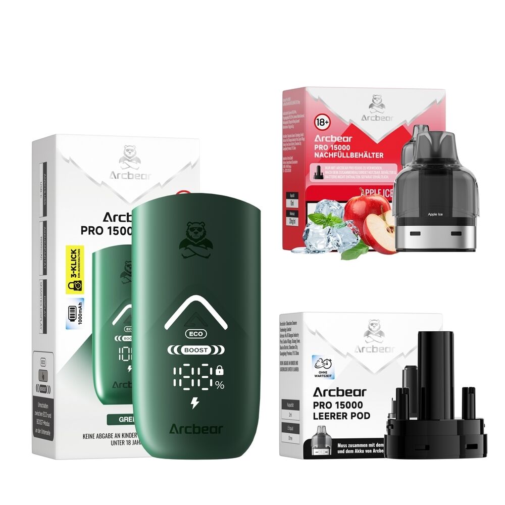 Arcbear Pro 15000 Set - Apple Ice 20mg Arcbear Pro 15000 Set mit grüner Kartusche, Apple Ice Nachfüllbehälter, zwei Verpackungen und Zubehörteile