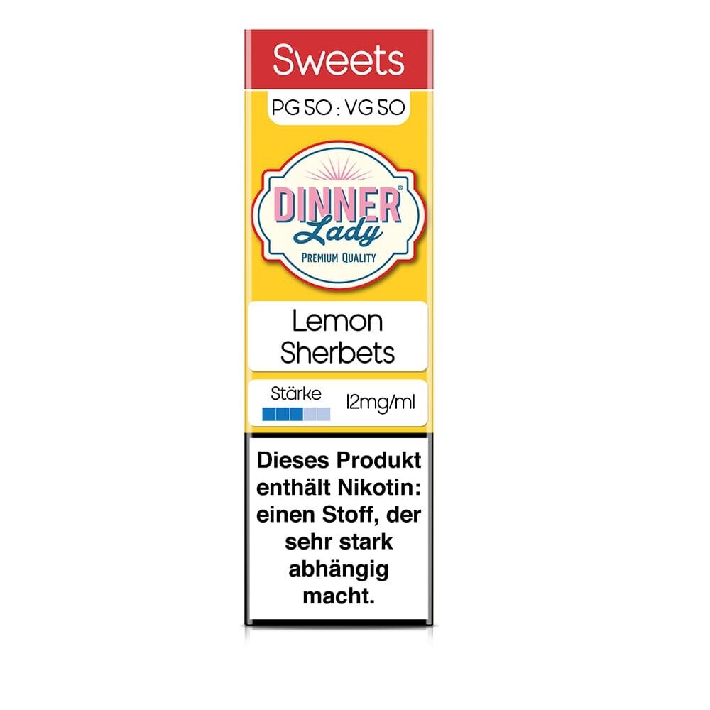 Dinner Lady Liquid Lemon Sherbets 12mg Verpackung mit gelbem Hintergrund, PG 50 VG 50, Sweets-Label und Nikotinwarnung.