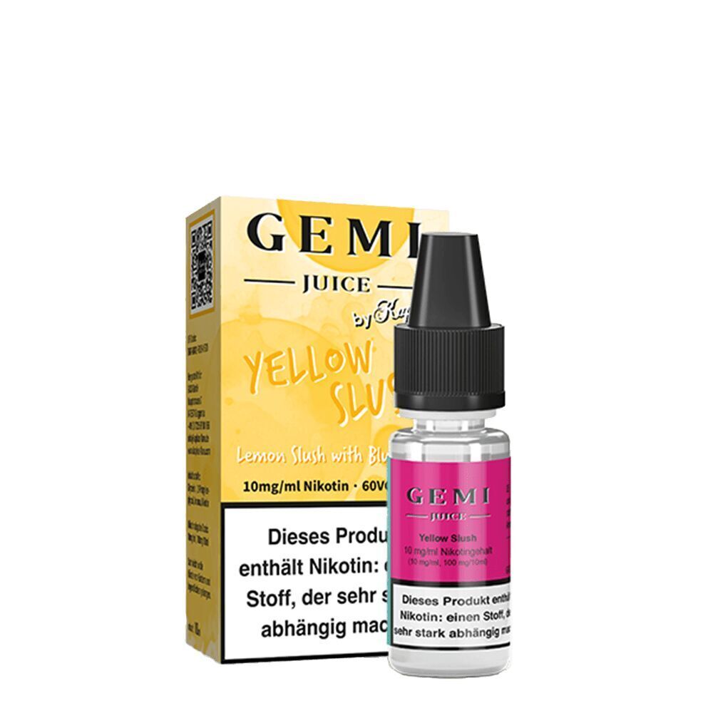 Kapkas Gemi Juice Nikotinsalz Yellow Slush 10mg Flasche vor gelber Verpackung mit Warnhinweis über Nikotingehalt