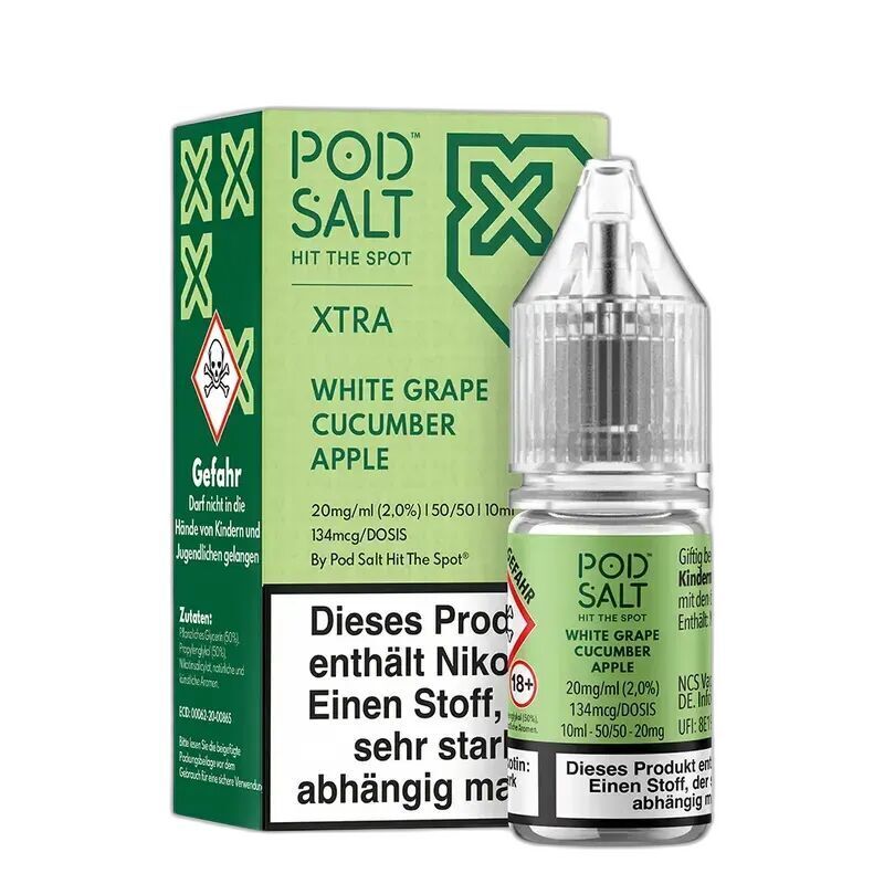 Liquid White Grape Cucumber Apple mit 20mg Nikotin von Pod Salt Xtra Pod Salt Xtra Nikotinsalzflasche und Box, Geschmacksrichtung White Grape Cucumber Apple, erkennbar sind 20mg Stärke und Warnhinweise.