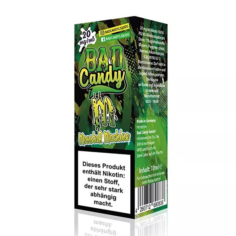 Liquid Monstar Machine mit 20mg Nikotin von Bad Candy Verpackung von Bad Candy Nikotinsalz Monstar Machine 20mg mit grünem Design, Warnhinweis zum Nikotingehalt und Barcode.