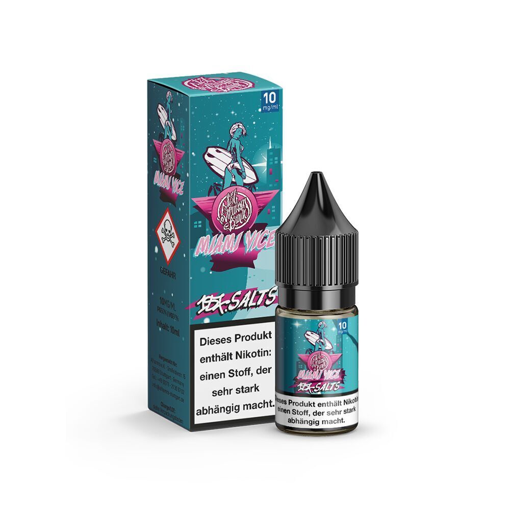 187 Strassenbande Liquid - Miami Vice 10mg Flasche und Verpackung von 187 Strassenbande Liquid Miami Vice 10mg, türkis-pinkes Design mit Surfer-Illustration, enthält Nikotinwarnung
