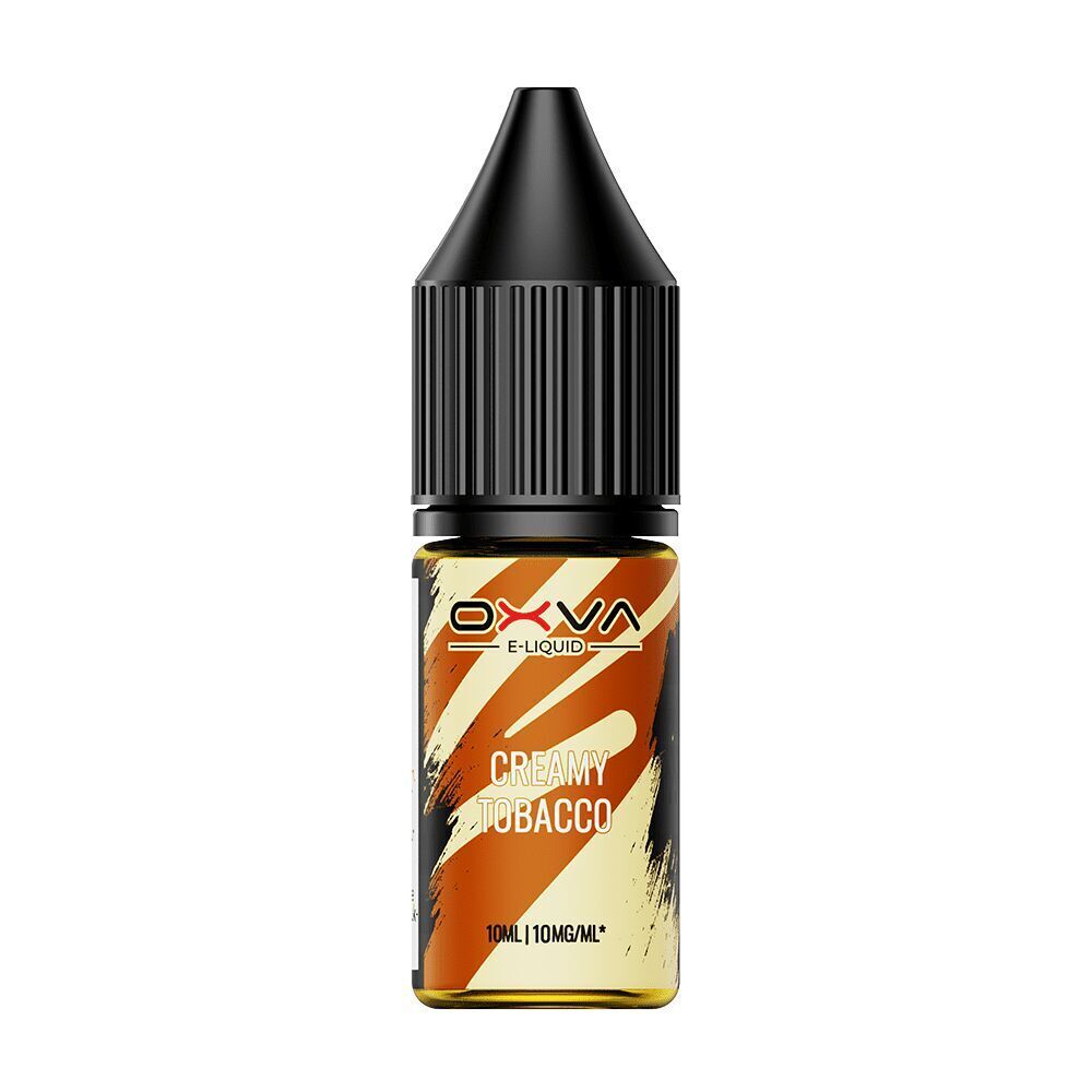 Oxva Nikotinsalz - Creamy Tobacco 10mg Oxva E-Liquid Fläschchen mit schwarzem Verschluss, Creamy Tobacco Geschmacksrichtung, 10 ml, braune und weiße Muster auf dem Etikett.