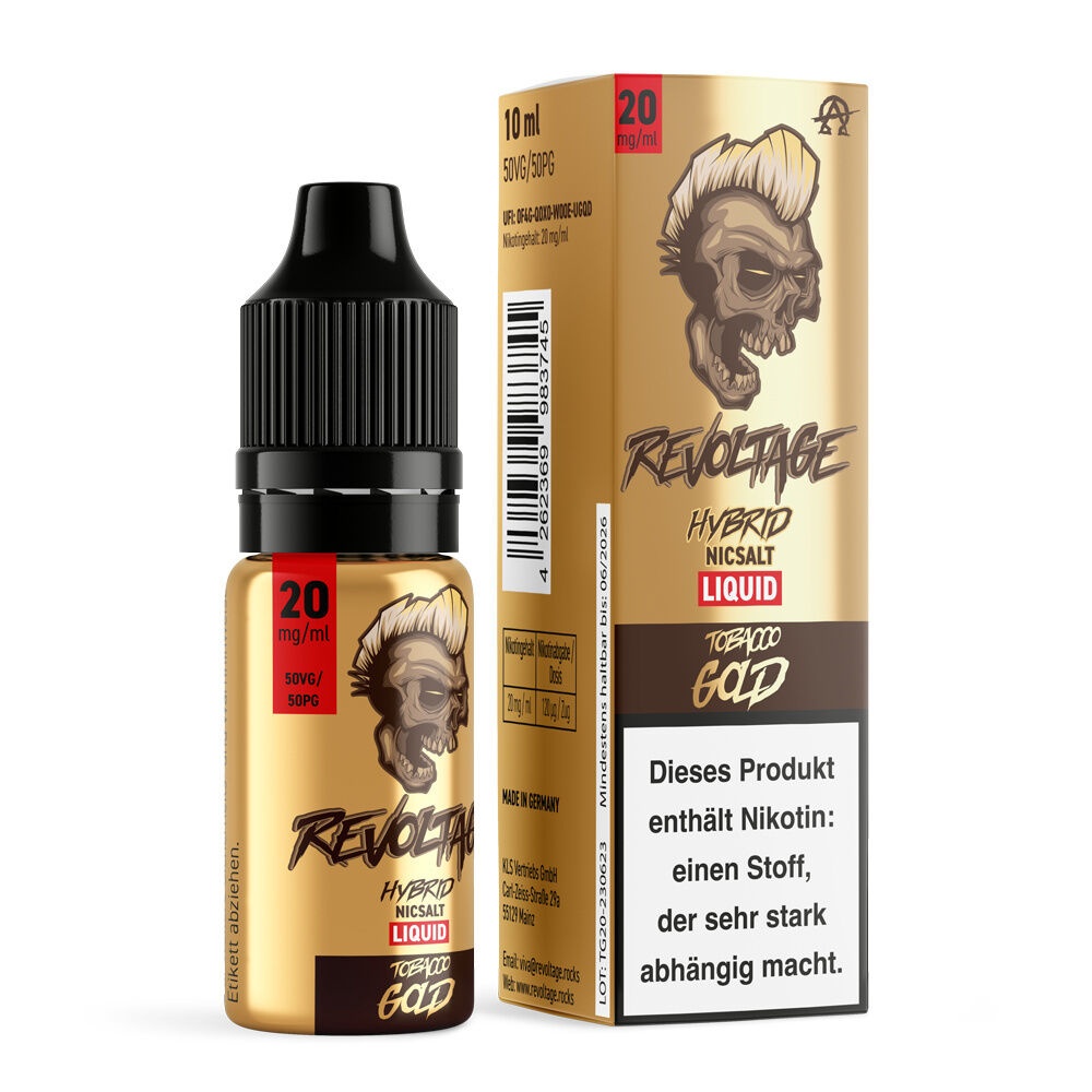 Revoltage Tobacco Hybrid Liquid - Gold Flasche und Verpackung von Revoltage Hybrid NicSalt Liquid Tobacco Gold 20mg, mit einem Totenkopf-Design und Nikotin-Warnung.