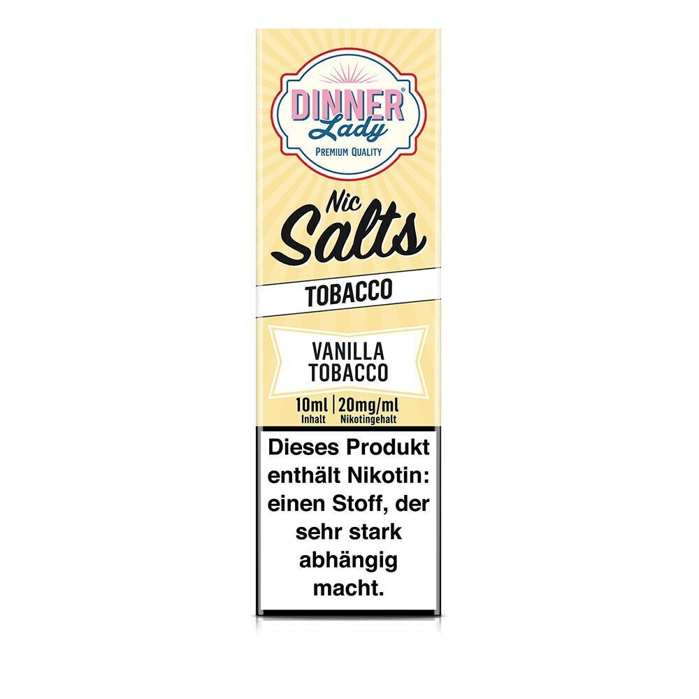 Dinner Lady Nic Salts Vanilla Tobacco 20mg Nikotinsalzflasche mit Warnhinweis über Abhängigkeit, gelbes Design, 10ml Inhalt