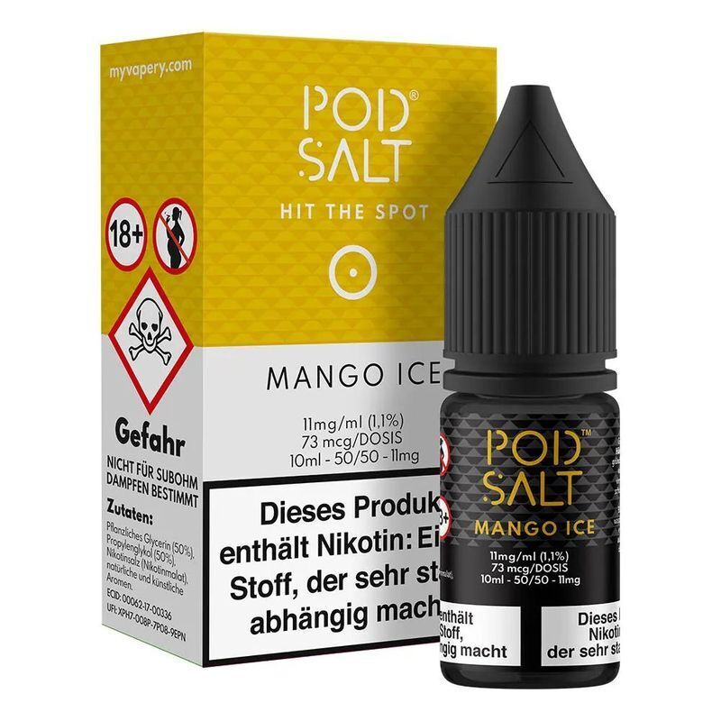 Liquid Mango Ice von Pod Salt Core Pod Salt Mango Ice Nikotinsalz 11mg, gelbe Verpackung mit Warnhinweisen und schwarzer Flasche, enthält schädliches Nikotin