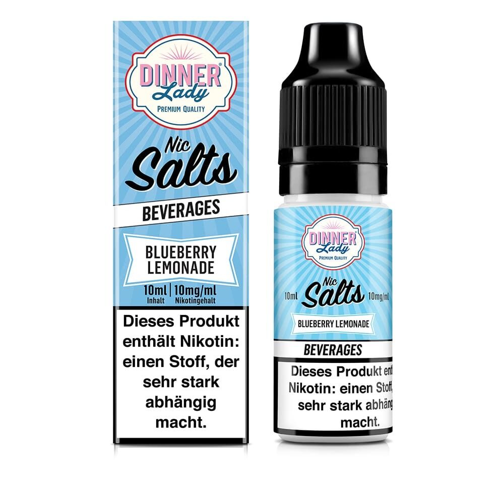 Liquid Blueberry Lemonade mit 10mg Nikotin von Dinner Lady Dinner Lady Nikotinsalz-Produkt Blueberry Lemonade mit 10mg Nikotinstärke, Verpackungstext weist auf Abhängigkeitspotential hin.