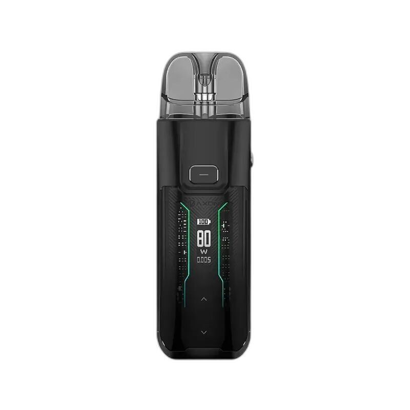 Vaporesso Luxe XR Max Pod Kit Rock Black Vaporesso Luxe XR Max Pod Kit in Rock Black mit digitalem Display zeigt 80 W Leistung, silbernem Mundstück und schwarzer Vorderseite.