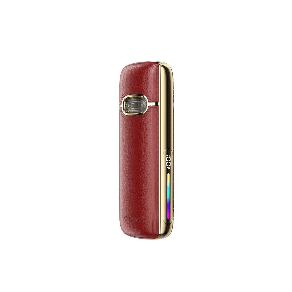 Voopoo Vmate E2 Pod Kit in Rose Red mit rotem Leder-Finish, seitlichem Display und vergoldeten Akzenten