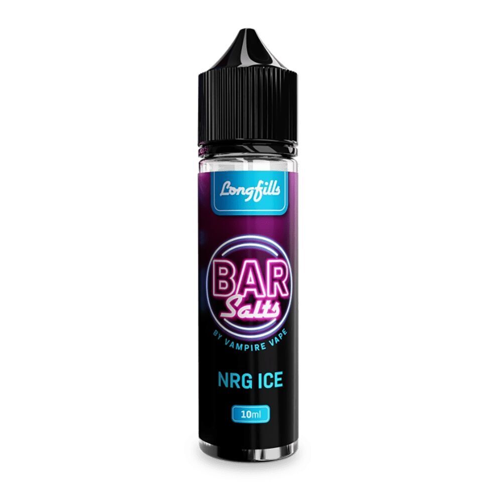 Flasche des Vampire Vape Aromas Bar Salts NRG Ice mit schwarzem Verschluss und bunter Etikettierung, 10 ml Inhalt.