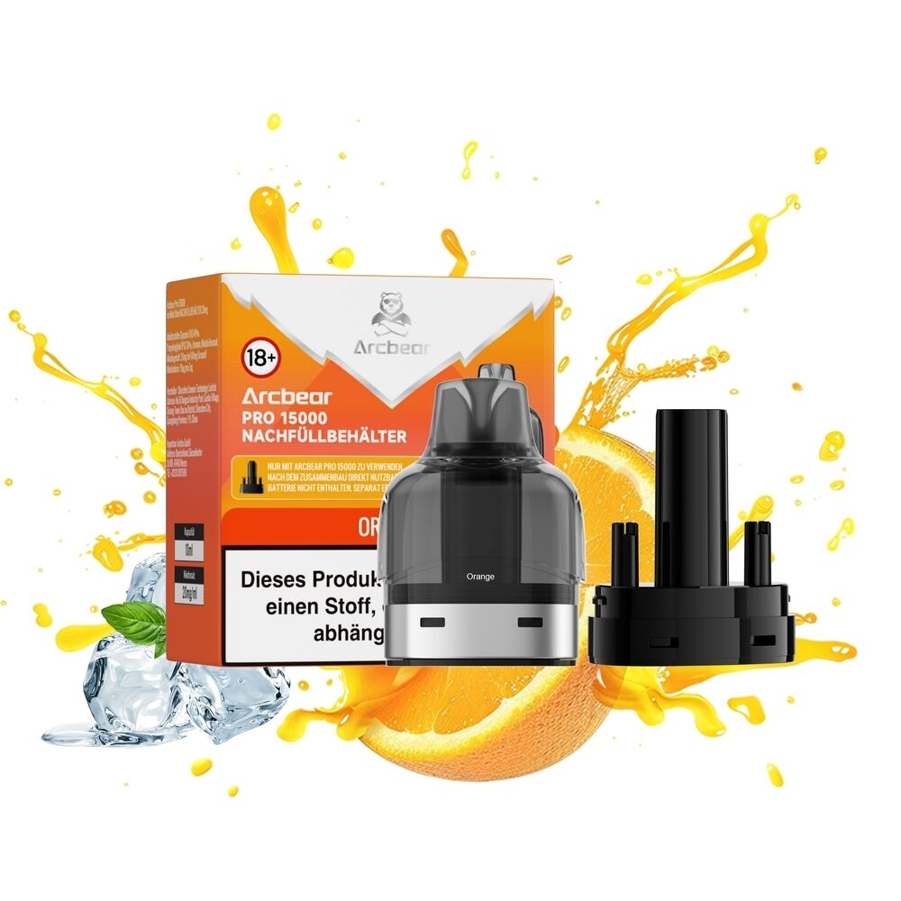 Arcbear Pro 15000 Pods - Orange 20mg Arcbear Pro 15000 Pods Orange 20mg mit schwarzem Nachfüllbehälter, eingefasst in spritzige Orangengrafik, Eiswürfeln und einem Minzblatt