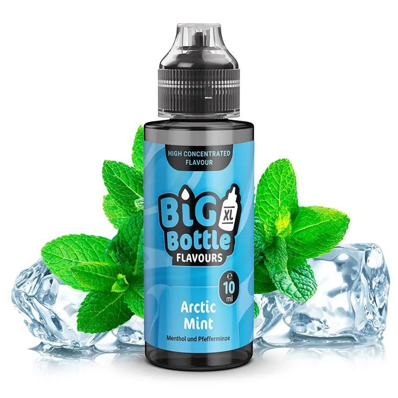 Aroma Arctic Mint von Big Bottle Flavours Big Bottle Flavours Aroma Arctic Mint mit blauer Verpackung, umgeben von frischen Minzblättern und Eiswürfeln, enthält 10 ml.