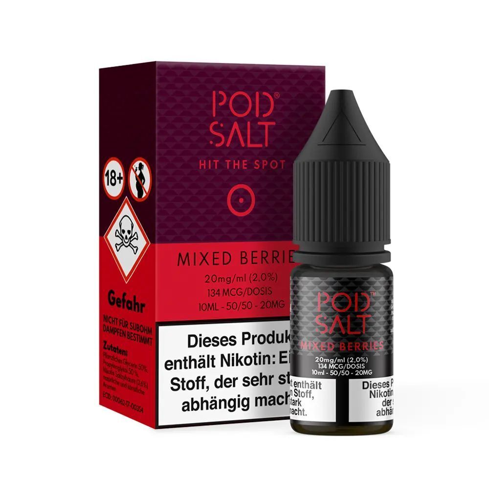 Liquid Mixed Berries mit 20mg Nikotin von Pod Salt Core Pod Salt Core Nikotinsalz Mixed Berries 20mg, rote Verpackung mit Warnhinweisen, schwarze Flasche mit Dosierungsangabe, weißes Etikett
