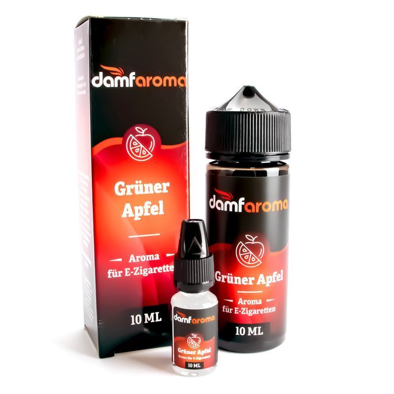Aroma Grüner Apfel von damfaroma Zwei Flaschen und eine Verpackung von Damfaroma Aroma Grüner Apfel, Aroma für E-Zigaretten, 10 ml, mit Apfelmotiv und Branding.