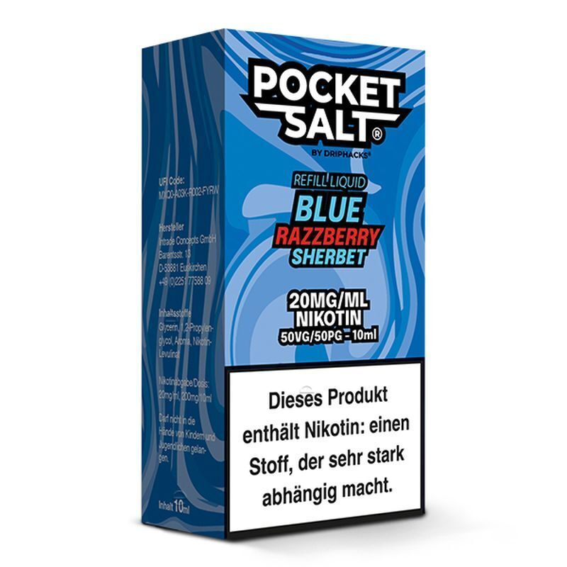 Pocket Salt Blue Razzberry Sherbet Nikotinsalzverpackung mit Aufschrift 20mg/ml Nikotin, 10ml, Verpackung mit blauem Design und Warnhinweis.