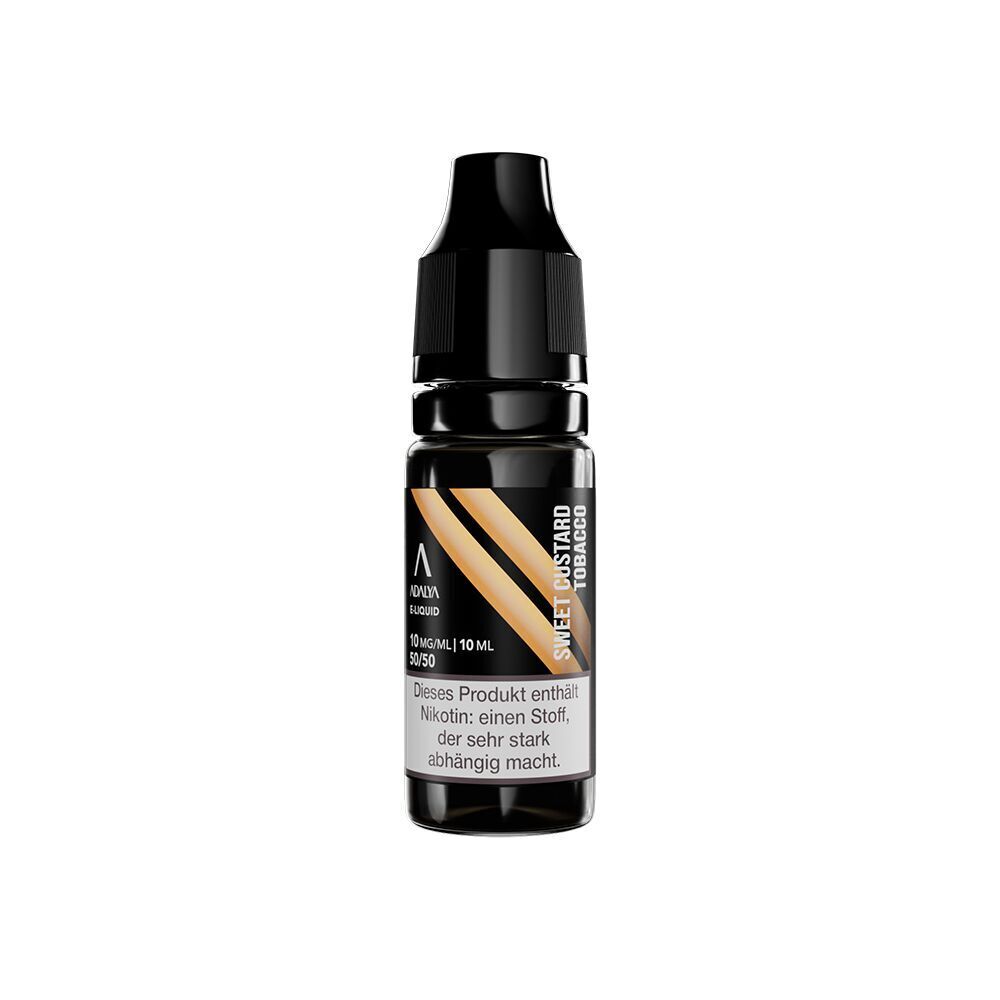 Liquid Sweet Custard Tobacco 10mg - Adalya Nikotinsalz Schwarze Flasche Adalya Nikotinsalz Sweet Custard Tobacco 10mg, Etikett mit goldenen Streifen, Warnhinweis zu Nikotininhalt sichtbar