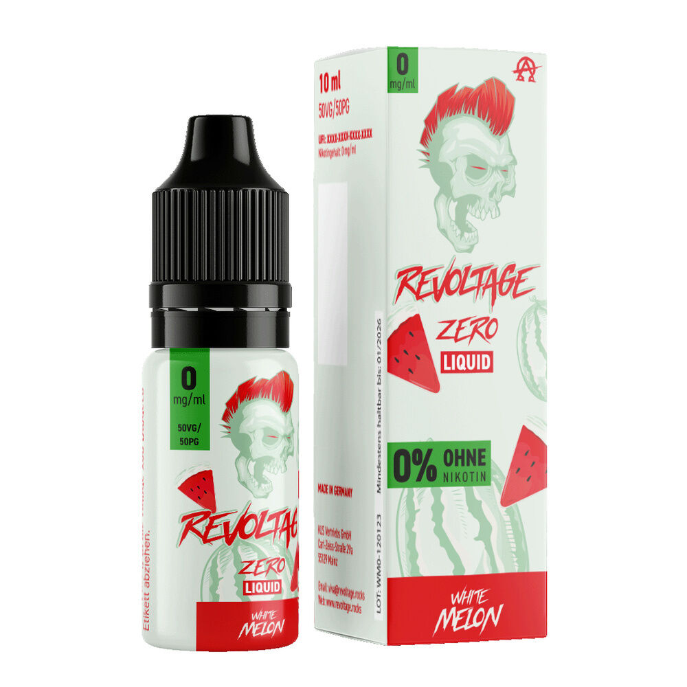 Revoltage Hybrid Liquid - White Melon E-Liquid-Flasche und Verpackung "Revoltage Zero Liquid White Melon 0mg", mit rotem Totenkopf und Wassermelonen-Motiv, 0% Nikotin.