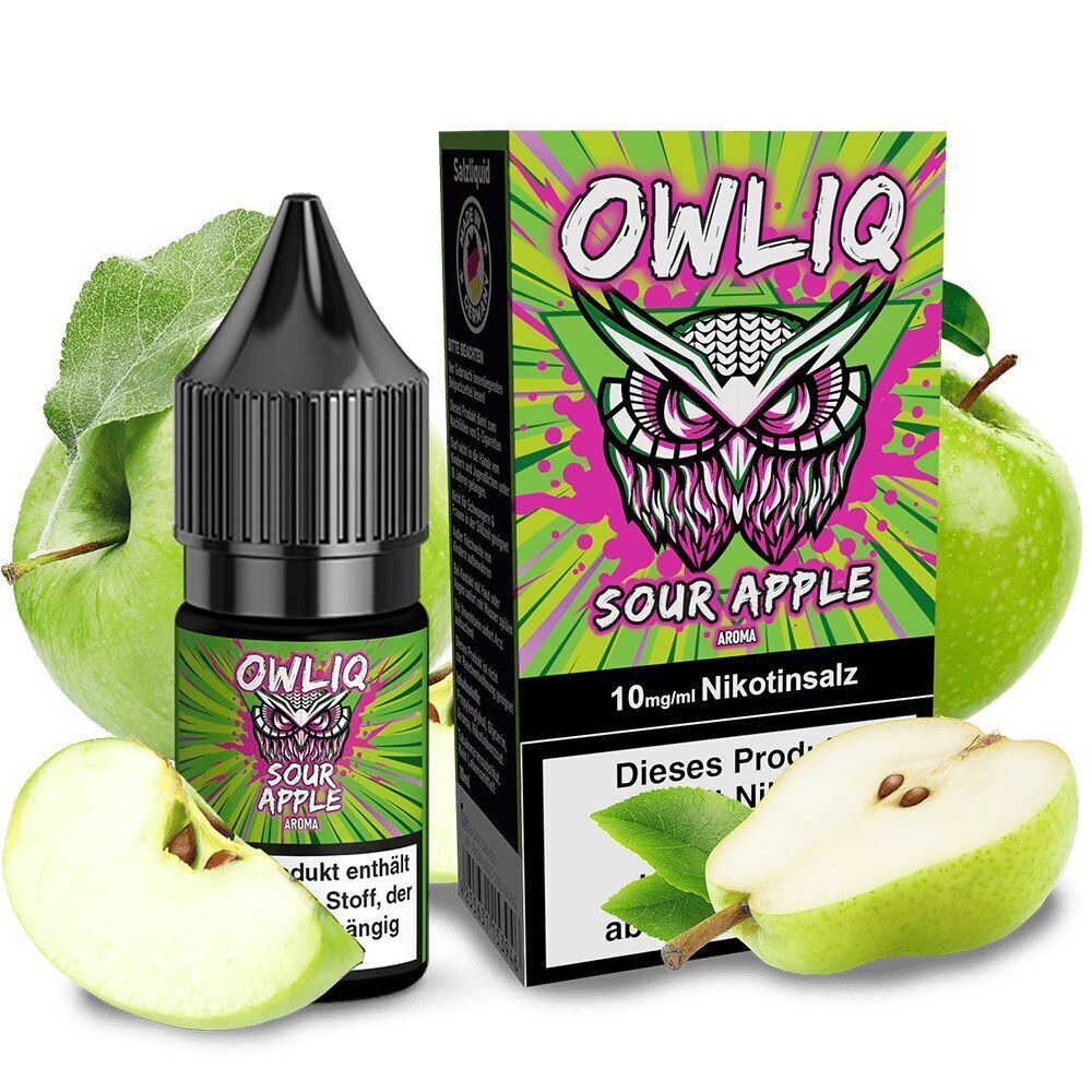 Liquid Sour Apple - Owliq Owliq Nikotinsalz 10mg Sour Apple Flasche vor Verpackung mit Eulenmotiv und grünen Äpfeln im Hintergrund.
