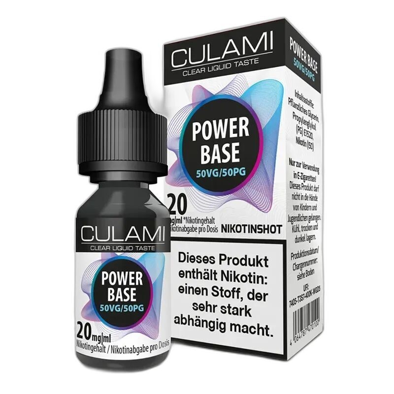 Culami Nikotin Shots 50/50 20mg, schwarze Flasche mit Aufschrift "Power Base 50VG/50PG", daneben passende Verpackung mit Produktinfo.