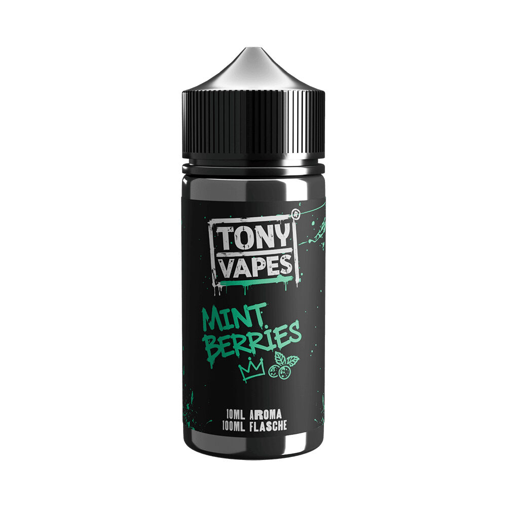 Tony Vapes Aroma Mint Berries Flasche mit schwarzem Etikett und grüner Schrift, Kapazität 100 ml, zeigt Minze und Beeren Illustrationen
