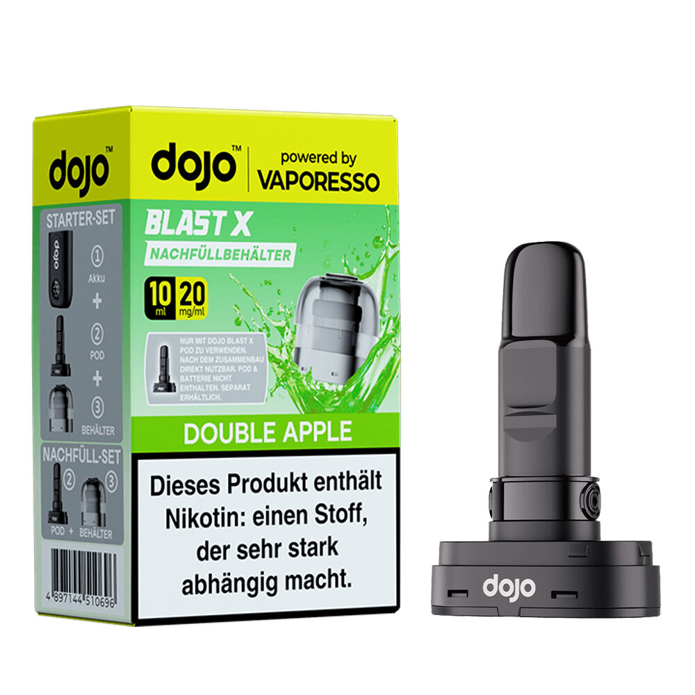 Vaporesso Dojo Blast X Pods - Double Apple 20mg Vaporesso Dojo Blast X Nachfüllbehälter Double Apple 20mg, Verpackung mit Nikotinwarnung und abgebildetem Nachfüllbehälter.