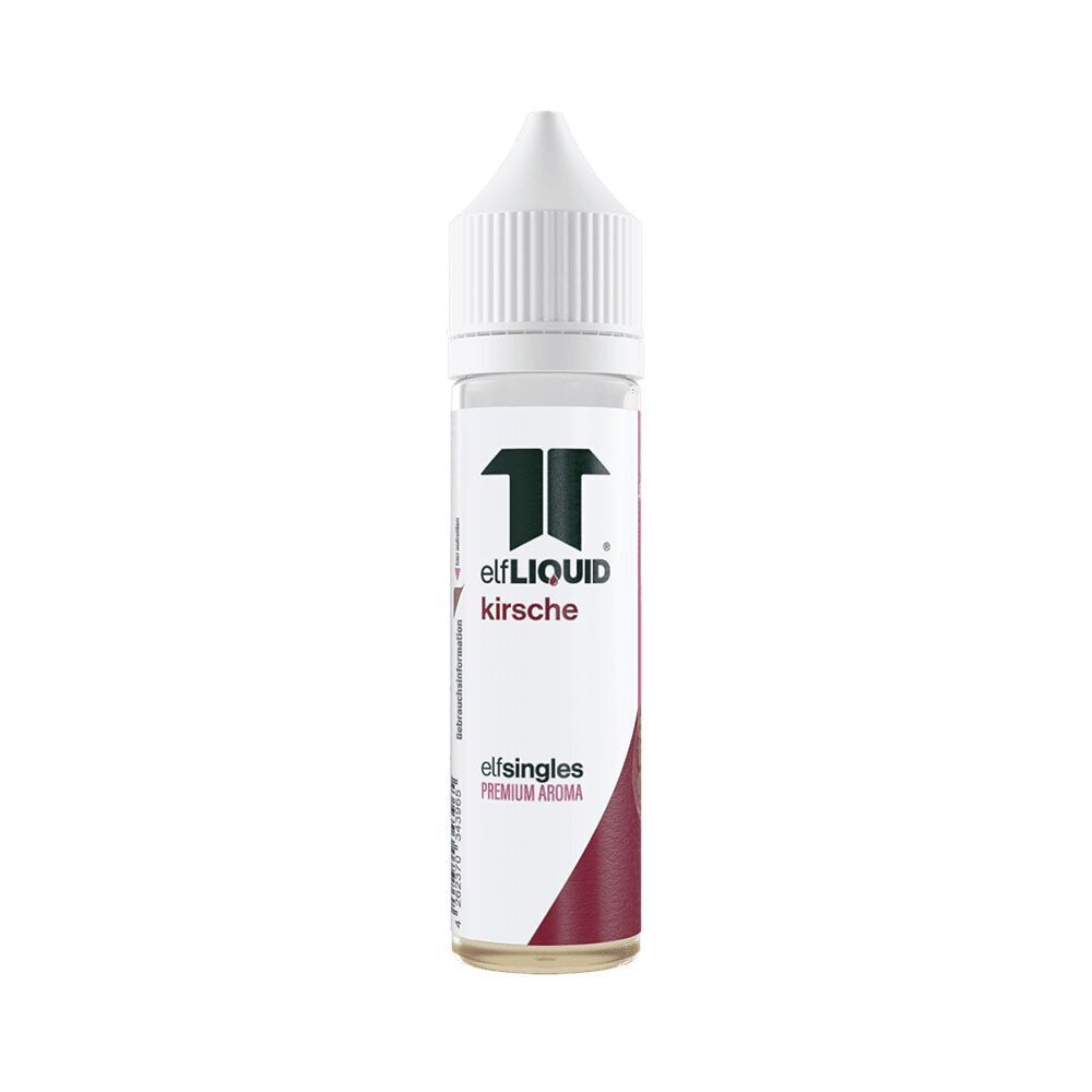 Elf Liquid Aroma - Kirsche Nachfüllflasche mit Elf Liquid Aroma in der Geschmacksrichtung Kirsche; Flasche mit weißem Etikett und rotem Text, spitzer Verschluss.