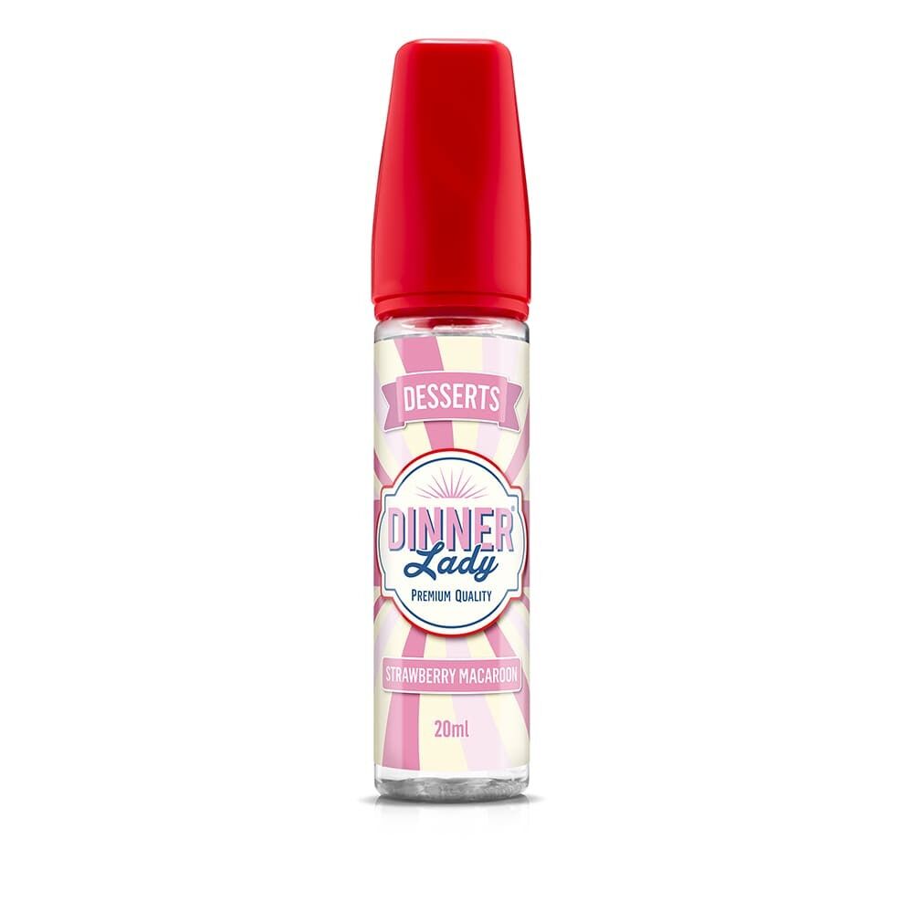Aroma Strawberry Macaroon von Dinner Lady Flasche mit roter Kappe, Beschriftung "Dinner Lady Premium Quality Desserts Strawberry Macaroon" auf hell gestreiftem Hintergrund, 20ml.