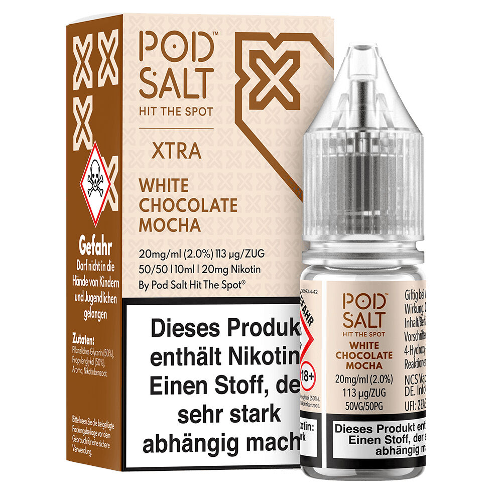 Pod Salt Xtra Nikotinsalz Flasche und Schachtel mit der Geschmacksrichtung White Chocolate Mocha, Warnhinweise auf der Verpackung sichtbar.