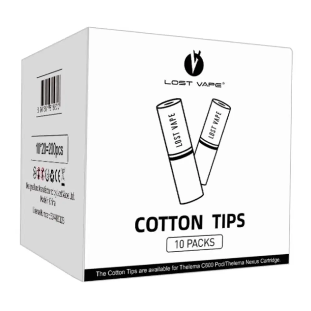 Lost Vape Cotton Tip Verpackung von Lost Vape Cotton Tips mit 10 Packungen, Abbildung zweier Wattestäbchen, Barcode und Herstellerangaben sichtbar.