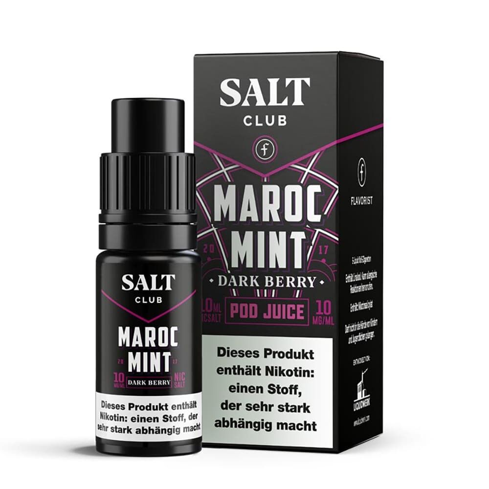 Liquid Maroc Mint Dark Berry von Flavorist Salt Club E-Liquid-Flasche und Verpackung von Salt Club Flavorist, Aufschrift Maroc Mint Dark Berry, Nikotinhinweis ersichtlich.