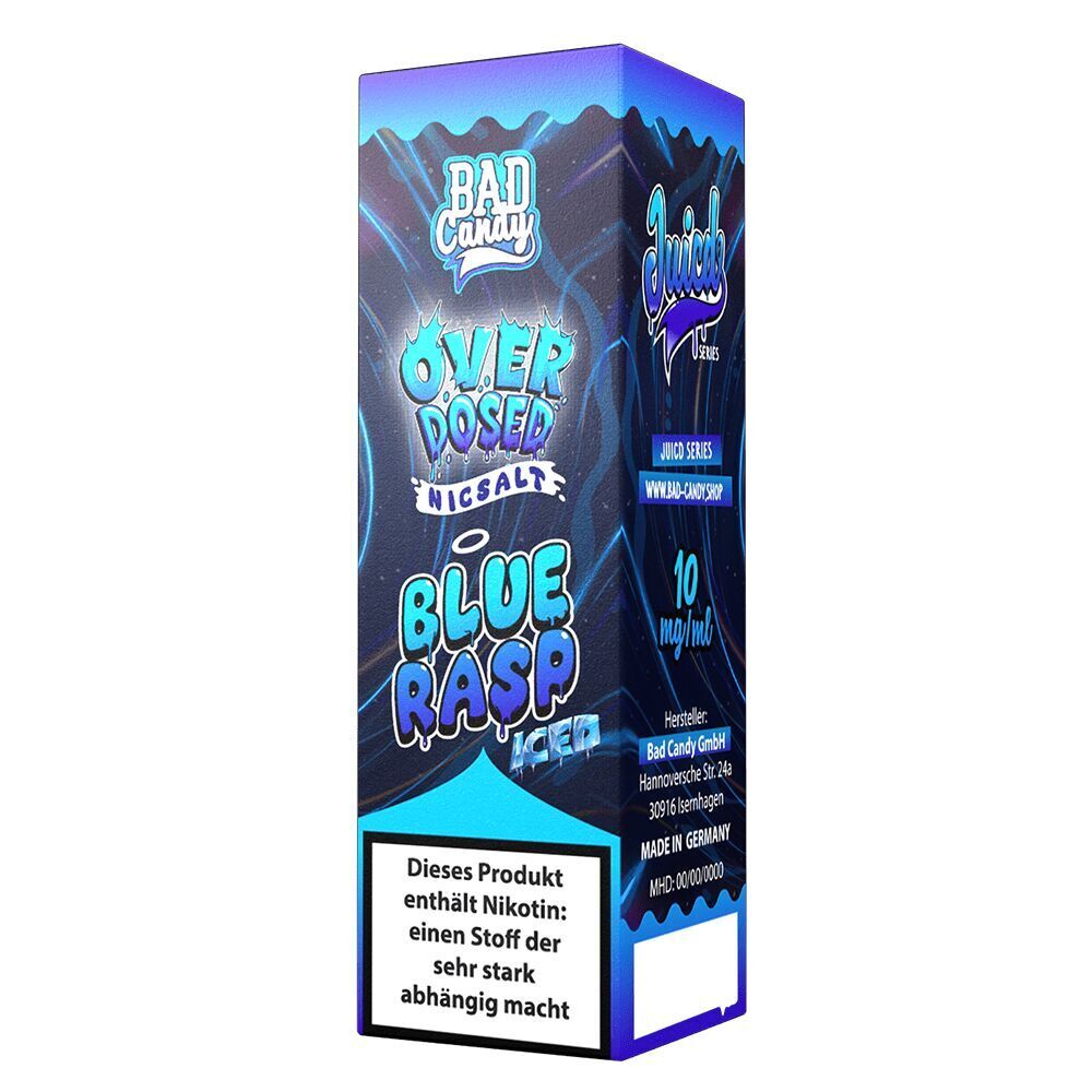 Liquid Blue Rasp Iced 20mg - Bad Candy Overdosed Verpackung von Bad Candy Overdosed Nicsalt mit 10 mg/ml Blue Rasp Iced, Hinweis auf Nikotinabhängigkeit, Herstellerinformationen auf der Seite.