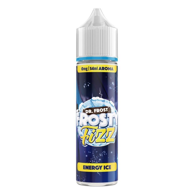 Aroma Energy Ice von Dr. Frost E-Liquid-Flasche Dr. Frost Aroma Energy Ice, blaues Etikett, 14ml Aroma, 0mg Nikotin, gelber Schriftzug auf blauem Hintergrund.