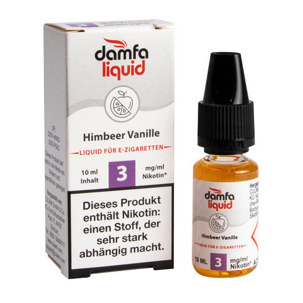 Liquid Himbeer Vanille 3mg - damfaliquid E-Liquid für E-Zigaretten im Geschmack Himbeer Vanille 3mg, 10ml Flasche neben passender Verpackung, mit Nikotinwarnung auf der Box