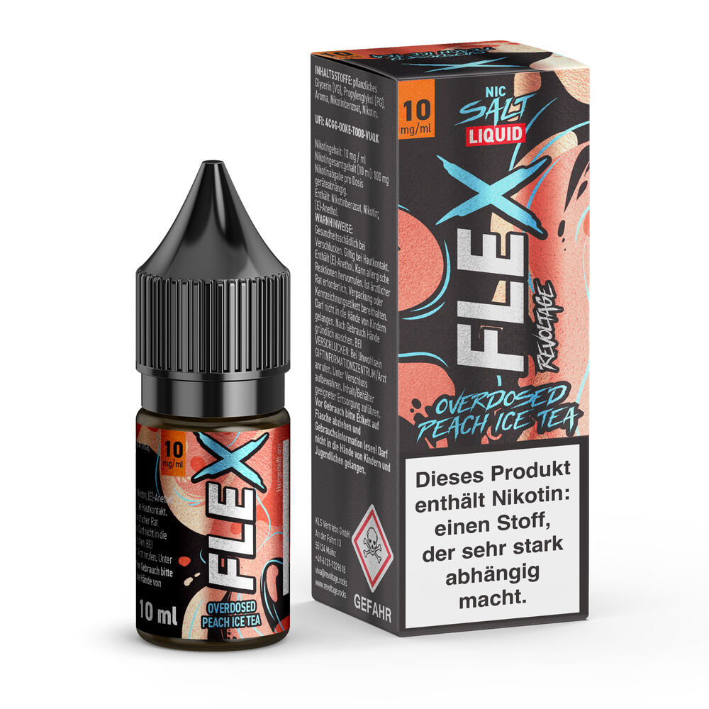 Revoltage Flex Nikotinsalz - Peach Ice Tea Revoltage Flex Nikotinsalz Peach Ice Tea Flasche und Verpackung, 10 ml, enthält Nikotin, Warnhinweis: stark abhängig machend.