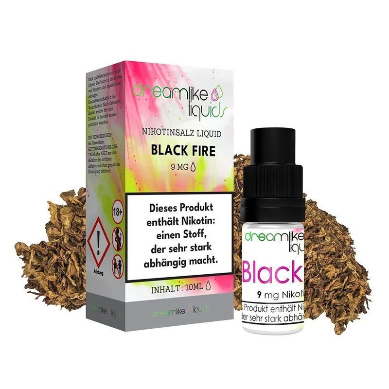 Liquid Black Fire von Dreamlike Liquids Dreamlike Nikotinsalz-Liquid "Black Fire" 9 mg, Verpackung mit Warnhinweis und Flasche, umgeben von Tabakblättern.