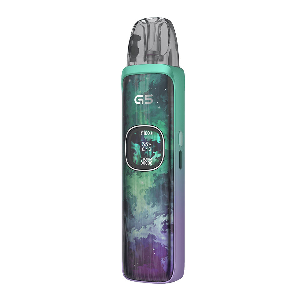 Uwell Caliburn G5 Pod Kit - Mystic Forest Uwell Caliburn G5 Pod Kit in Mystic Forest mit grün-violettem Design, Display zeigt Akkustand, Leistung von 35W und Widerstand von 0,4Ω
