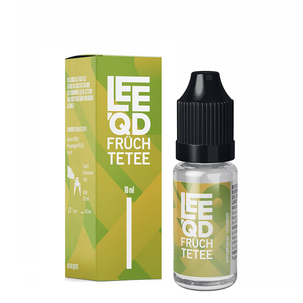 Liquid Crazy Früchtetee 0mg - Leeqd Grüne Verpackung und Flasche eines Früchtetees mit Aufschrift LEEQD Früchtetee, 10ml, schwarzer Deckel, geometrisches Muster.
